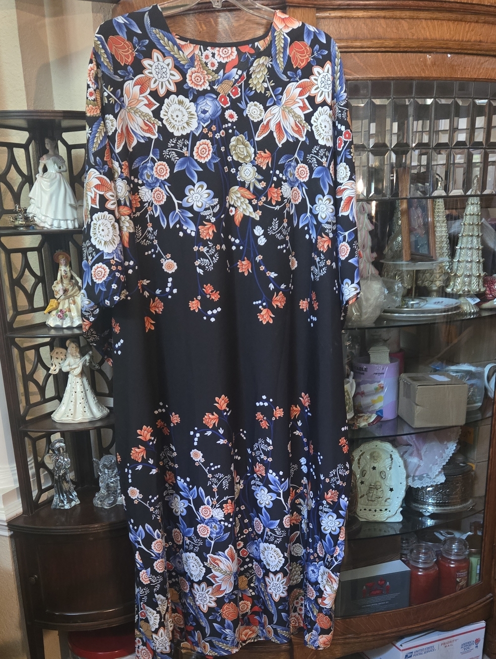 Black Floral Long-Sleeve Midi Kaftan with Blue & Coral Blooms